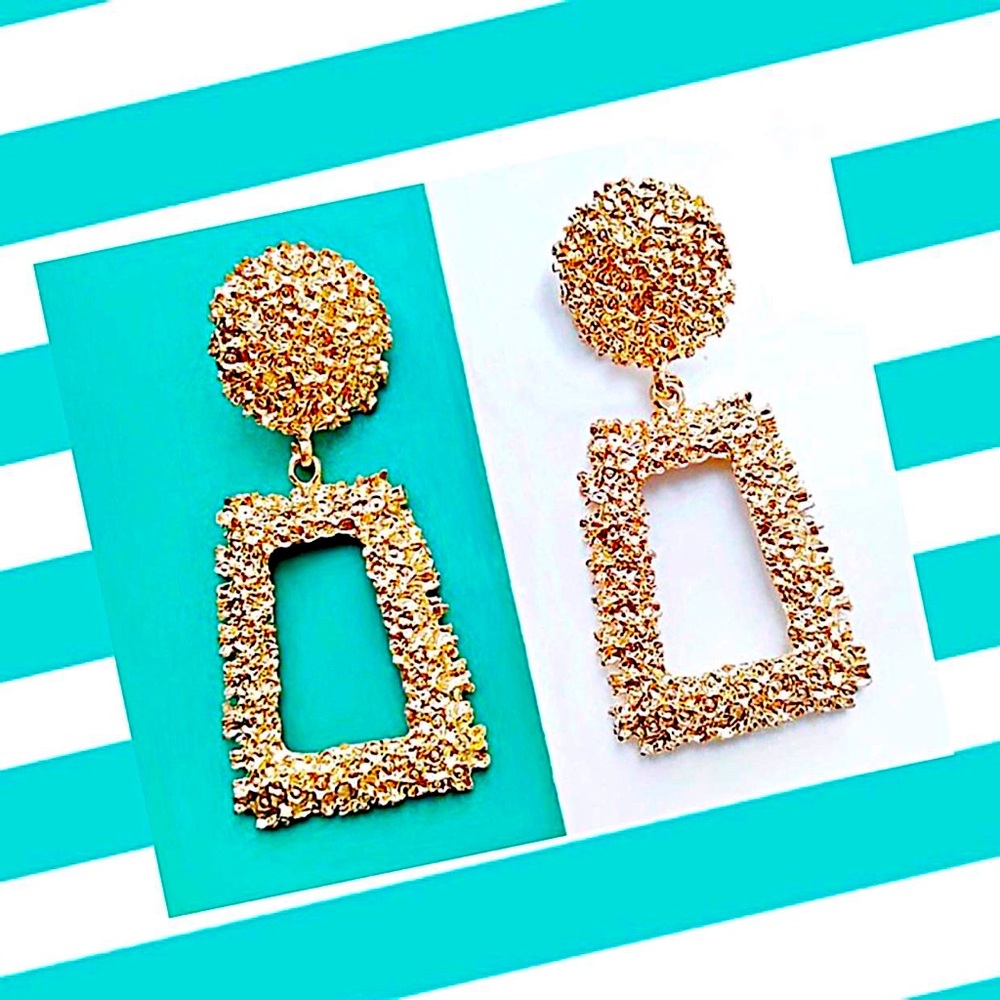 New Gold Textured Geometric Drop Post Earrings